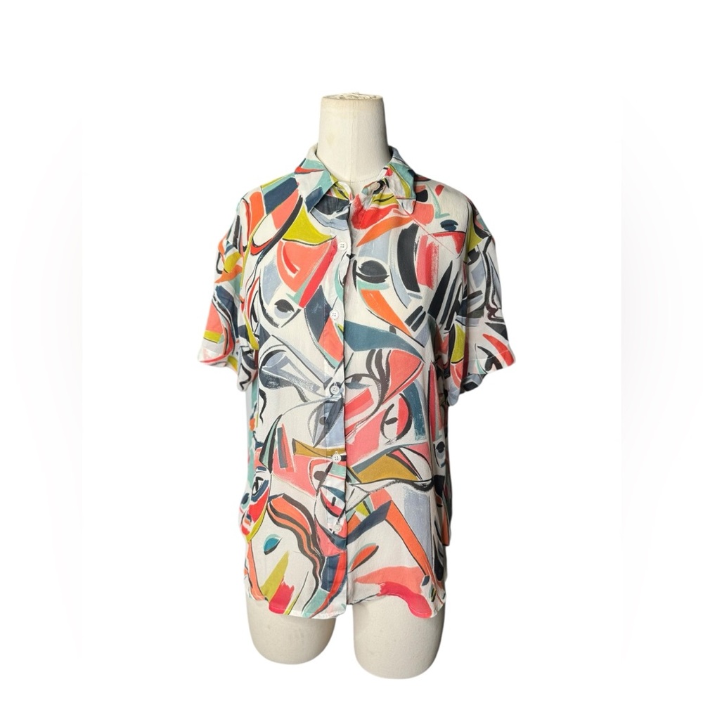 Lafayette 148 New York Abstract Print Silk Button Front Blouse Size M - Picture 2 of 6